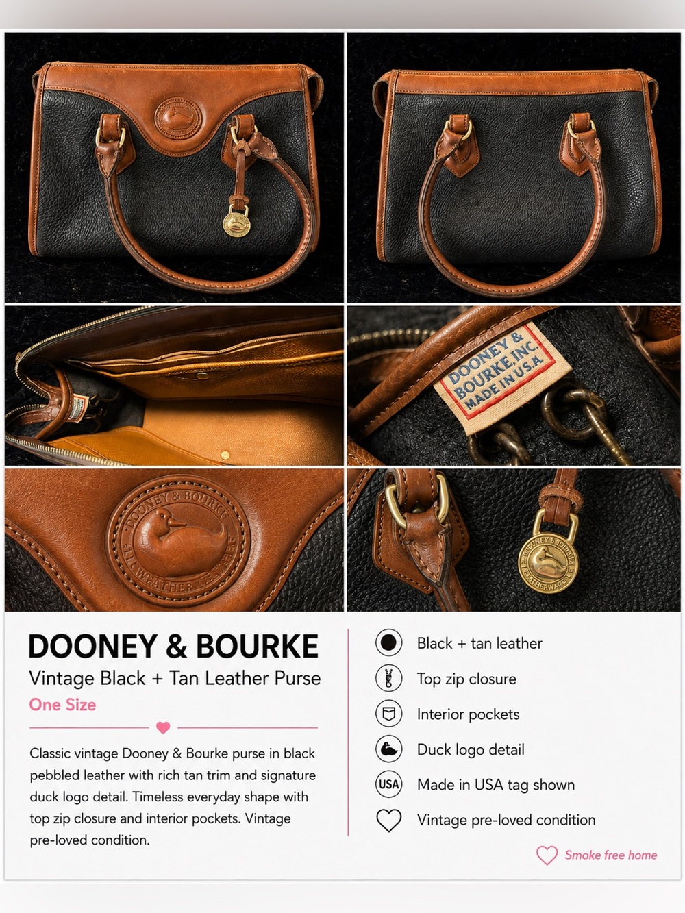 Dooney & Bourke Black and Tan Pebbled Leather Satchel with Duck Logo